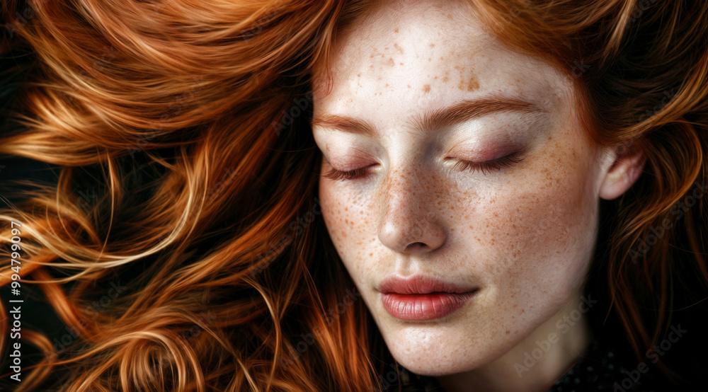 Naklejka premium Closeup portrait of a beautiful female model with red hair. She is looking downward and has pale skin and an abundance of freckles. Redheaded woman. Sensual and mysterious.