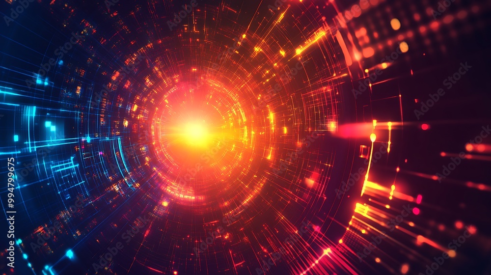Obraz premium Abstract digital tunnel with glowing lines and light in red and blue color.