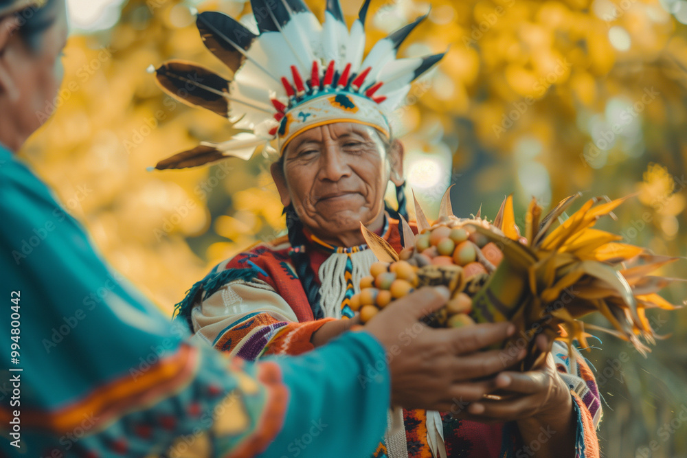 Native American offering food and harvest to Pilgrims as a symbol of gratitude during a Thanksgiving celebration in the 16th century Native American offering food and harvest to Pilgrims as a symbol of gratitude during a Thanksgiving celebration in the 16th century