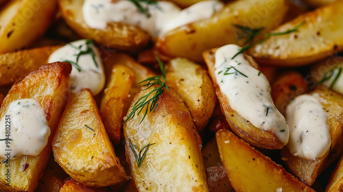 a close-up, top-down view of fried potatoes topped with ranch dressing, filling the entire frame with the focus on the dish's intricate details