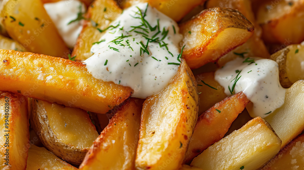 a close-up, top-down view of fried potatoes topped with ranch dressing, filling the entire frame with the focus on the dish's intricate details a close-up, top-down view of fried potatoes topped with ranch dressing, filling the entire frame with the focus on the dish's intricate details