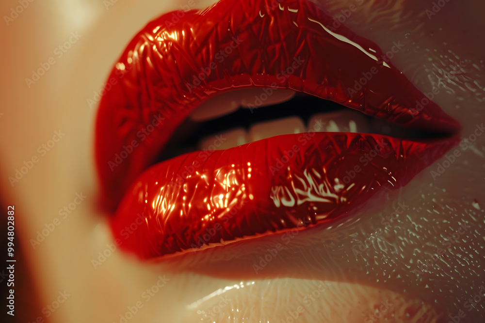 Close-up of glossy, well-defined lips painted in vibrant red, creating a striking and bold visual impact. Close-up of glossy, well-defined lips painted in vibrant red, creating a striking and bold visual impact.