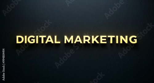 digital marketing word lettering with yellow glow on plain black dark background