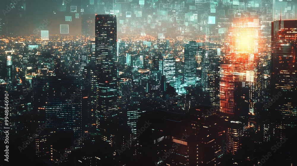 Modern cityscape network icons double exposure. Modern cityscape network icons double exposure.
