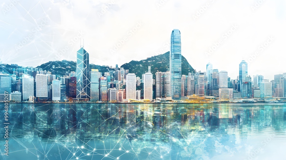 Naklejka premium Modern cityscape network icons double exposure. 