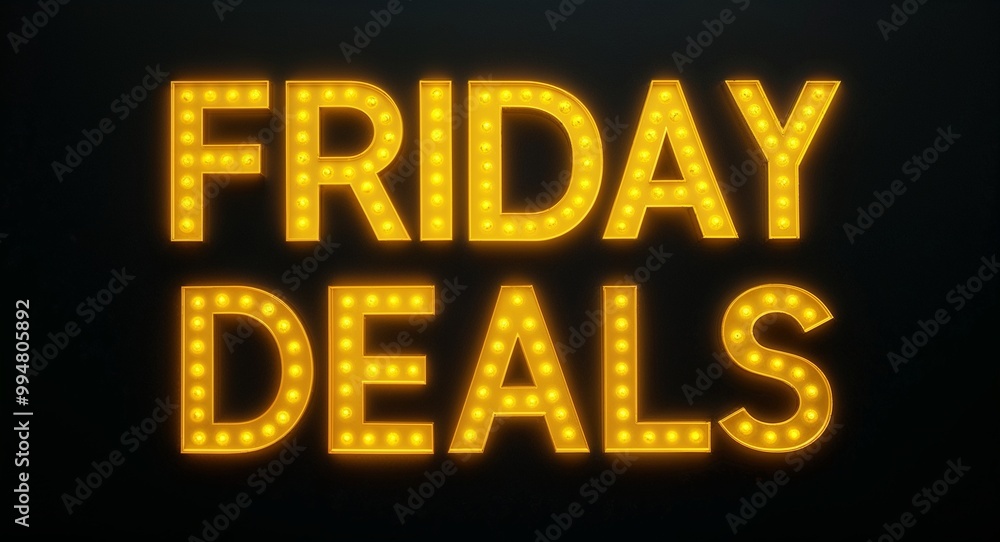 Friday deals word lettering with yellow glow on plain black dark background Friday deals word lettering with yellow glow on plain black dark background