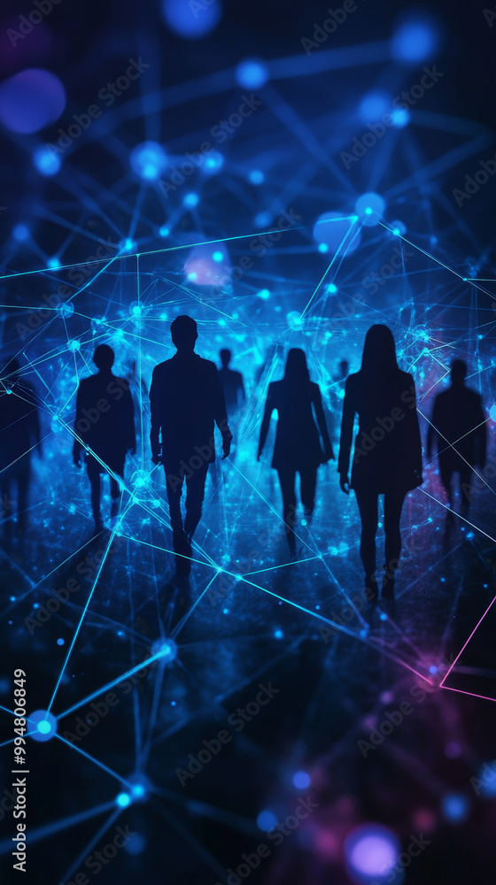 Obraz premium image features silhouettes of people walking through network of glowing digital nodes, creating sense of connection and movement in vibrant, technological environment