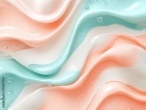 flowing liquid-like waves in pastel peach and turquoise, the serene and fluid movement.