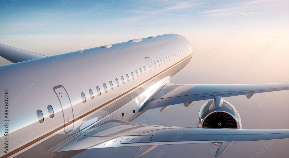 Aerial view of a sleek private jet soaring through a calm sky, emphasizing the curvature of the aircraft's wings Aerial view of a sleek private jet soaring through a calm sky, emphasizing the curvature of the aircraft's wings
