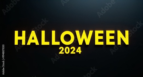 halloween 2024 word lettering with yellow glow on plain black dark background