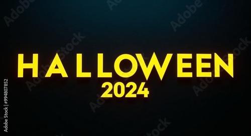 halloween 2024 word lettering with yellow glow on plain black dark background