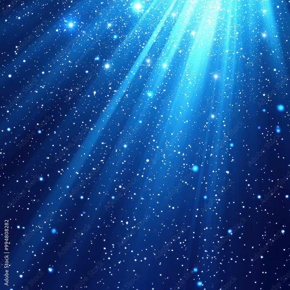 Bright blue rays of light shine through starry background, creating mesmerizing and tranquil atmosphere. sparkling effect evokes sense of wonder and calmness Bright blue rays of light shine through starry background, creating mesmerizing and tranquil atmosphere. sparkling effect evokes sense of wonder and calmness
