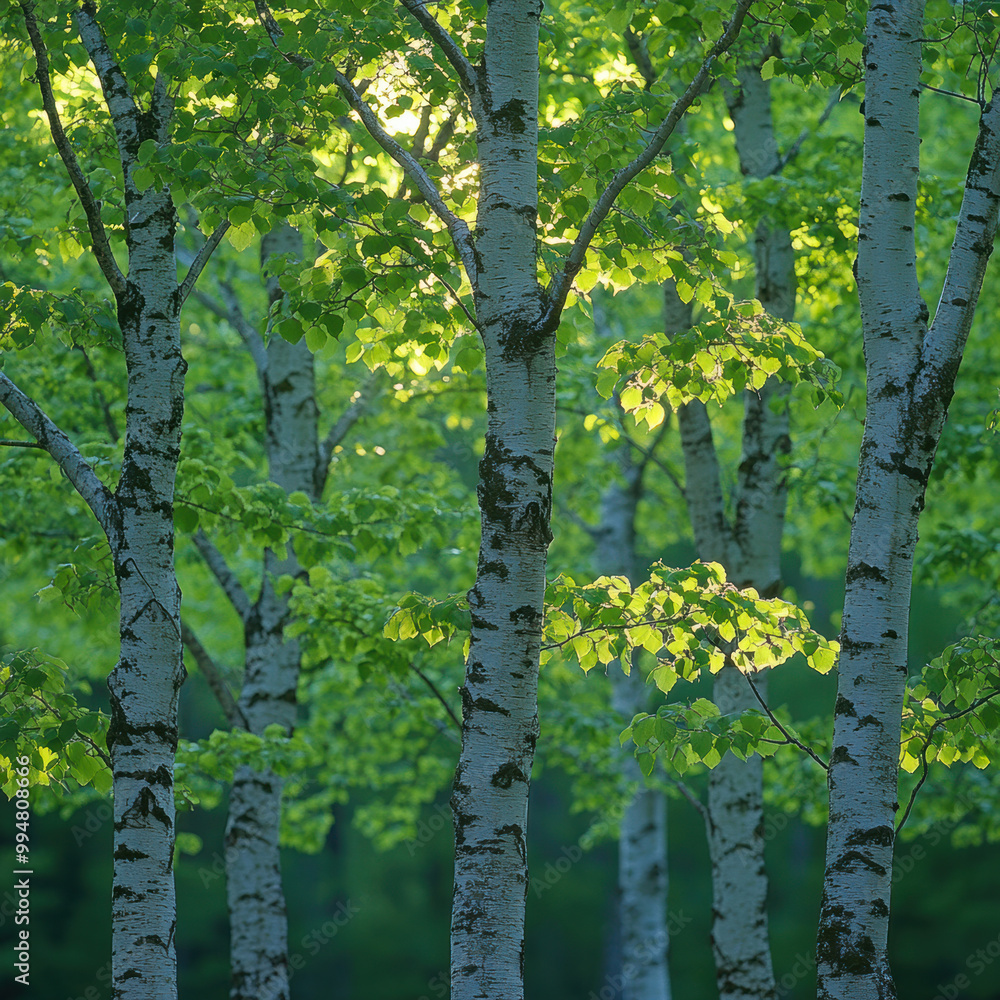 Fototapeta premium Lush green trees with delicate shades create serene atmosphere, showcasing beauty of nature. sunlight filters through leaves, enhancing tranquil scene