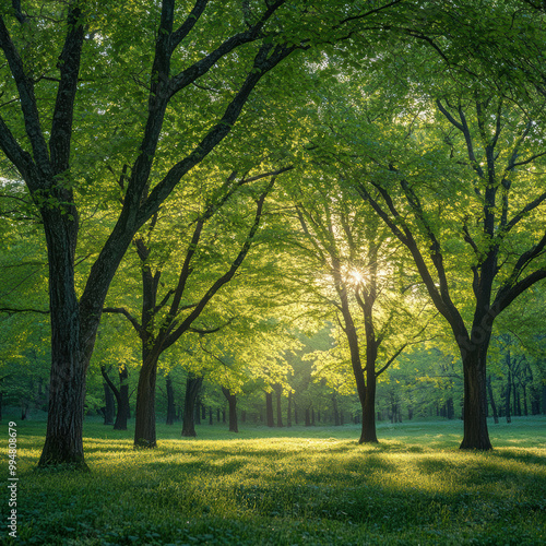 serene landscape featuring lush green trees with delicate shades, illuminated by soft sunlight filtering through leaves. tranquil atmosphere invites sense of peace and connection with nature