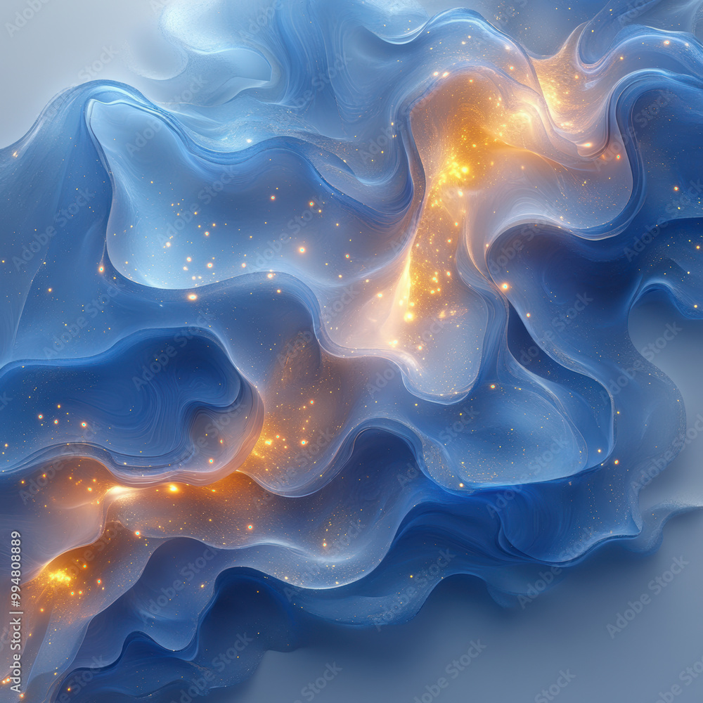 mesmerizing abstract design featuring flowing blue waves with sparkling golden highlights, creating sense of depth and tranquility. soft textures and luminous elements evoke dreamy atmosphere mesmerizing abstract design featuring flowing blue waves with sparkling golden highlights, creating sense of depth and tranquility. soft textures and luminous elements evoke dreamy atmosphere