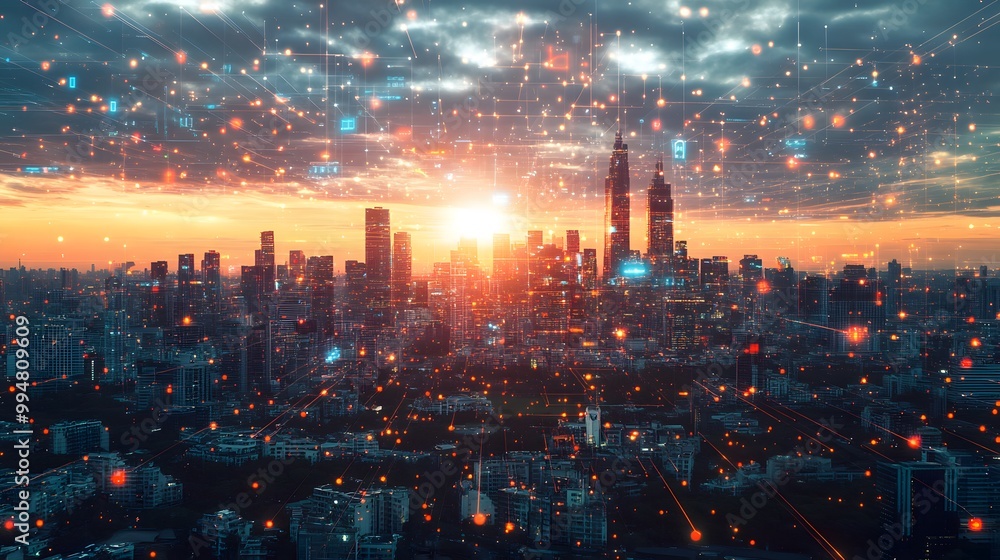 Fototapeta premium Modern cityscape network icons double exposure. 