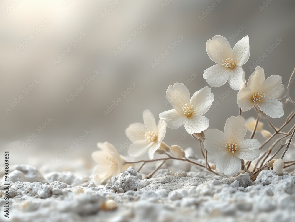 Fototapeta premium Delicate white flowers gracefully arranged on soft, textured background create serene and calming atmosphere, perfect for nature themed designs
