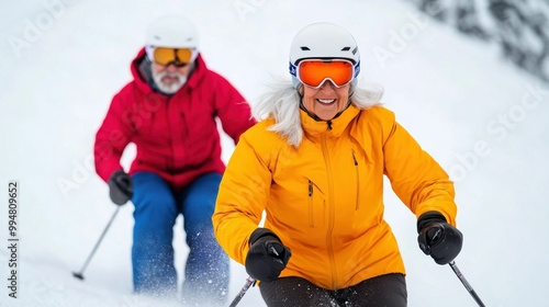 Smiling senior couple skiing down a snow-covered mountain, wearing colorful jackets and helmets, enjoying winter adventure..