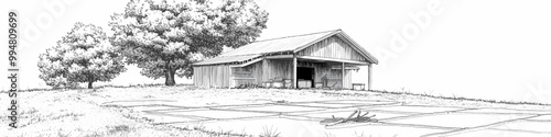 Black and white illustration of an old rustic barn surrounded by trees, set on a hill with natural, peaceful surroundings in a rural farm landscape