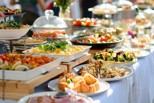 Catering food on long table, Party