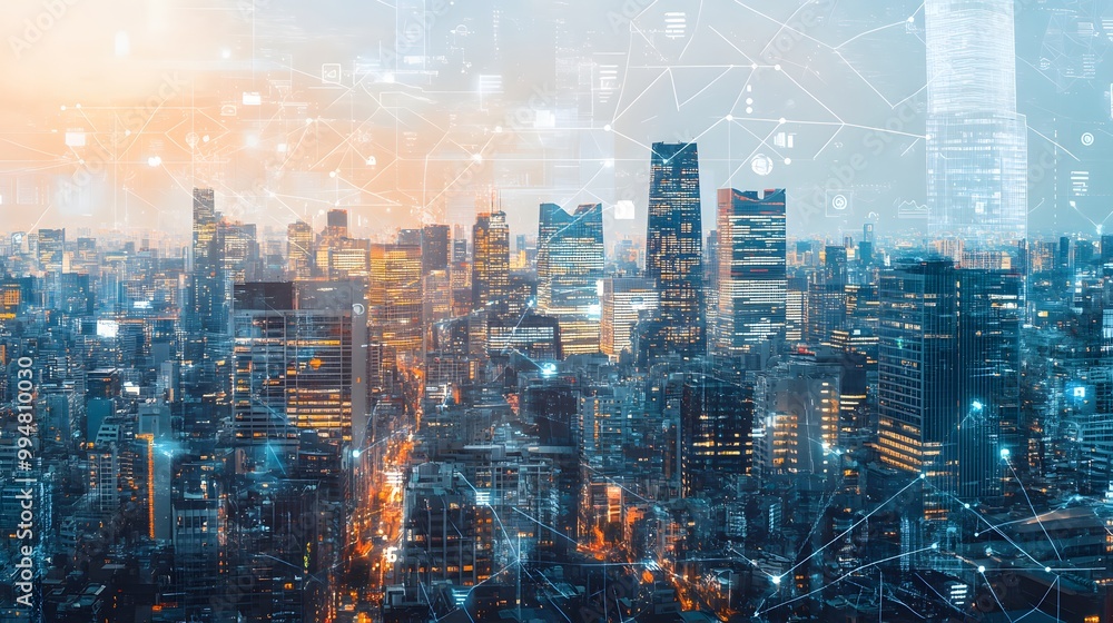 Modern cityscape network icons double exposure. Modern cityscape network icons double exposure.