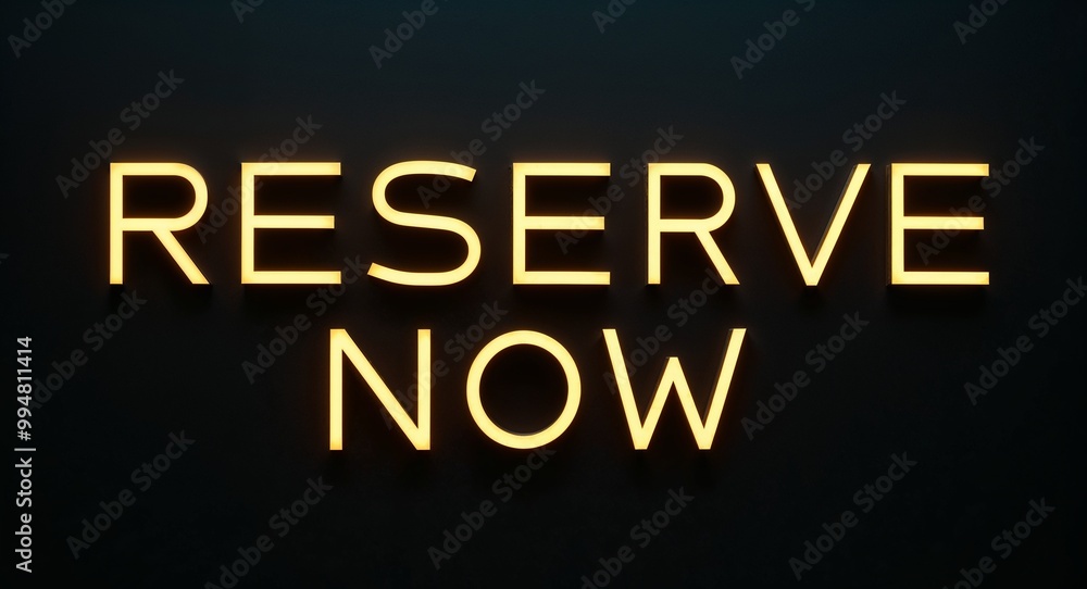 Reserve now word lettering with yellow glow on plain black dark background Reserve now word lettering with yellow glow on plain black dark background