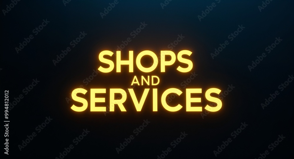 Shops and Services word lettering with yellow glow on plain black dark background Shops and Services word lettering with yellow glow on plain black dark background