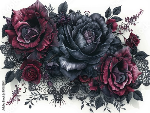 Fototapeta Naklejka Na Ścianę i Meble -  Intricate digital artwork featuring gothic-style roses in shades of burgundy and black, adorned with lace patterns and dark leaves, blending floral beauty and elegance.