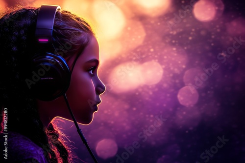 Woman wearing glowing purple headphones surrounded by vibrant purple lights symbolizing music digital connection and immersive audio experience in a tech centric world photo