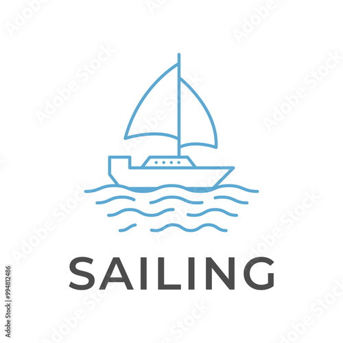 sailing boat logo design concept outline style with wave beach