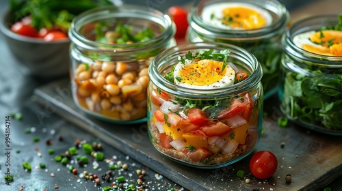 Healthy meal prep containers with chickpeas, chicken, tomatoes, cucumbers and avocados. Healthy lunch in glass containers on beige rustic background. Zero waste concept. Selective focus.