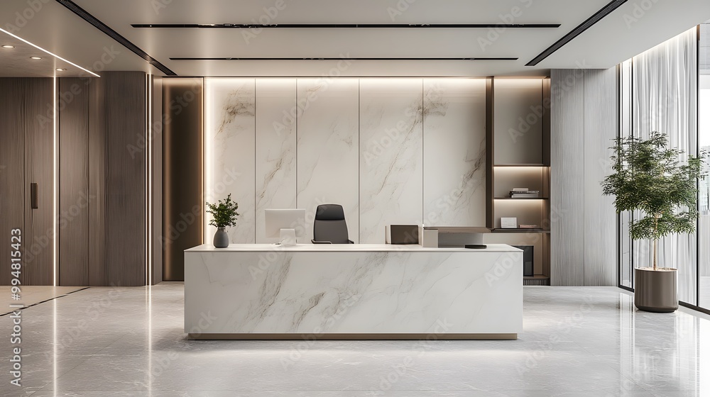 Fototapeta premium A sleek indoor office with marble finishes, soft ambient lighting, and minimalist decor, creating an elegant and comfortable work environment, captured in portrait composition.