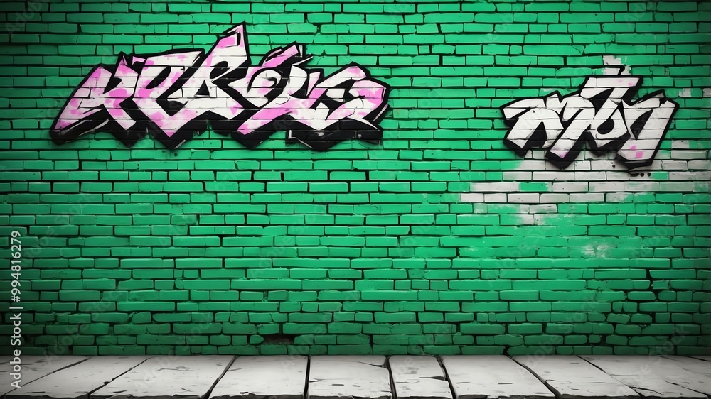 Obraz premium rustic green brick wall with graffiti background