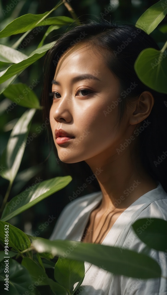Young woman with parted lips posing in front of lush vegetation Young woman with parted lips posing in front of lush vegetation
