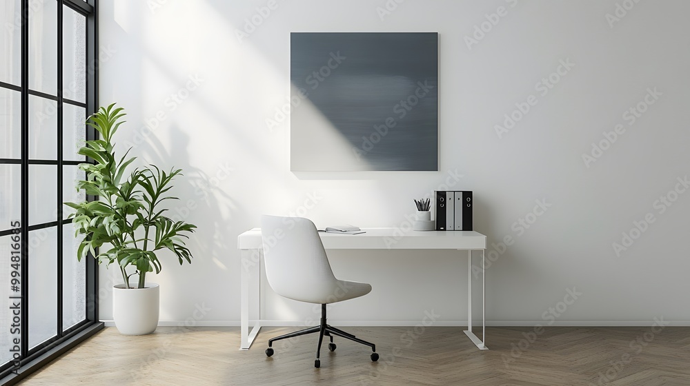 A portrait shot of a minimal office corner with a white desk, one chair, and a single painting on the wall, creating a peaceful and organized space. A portrait shot of a minimal office corner with a white desk, one chair, and a single painting on the wall, creating a peaceful and organized space.
