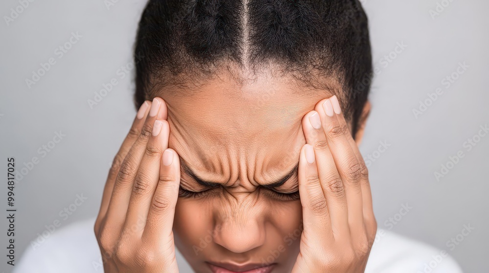 Close-up of a person gripping their temples in frustration, ache, headache from stress Close-up of a person gripping their temples in frustration, ache, headache from stress
