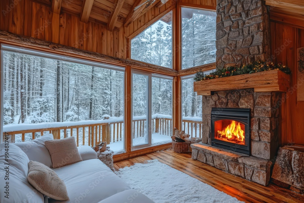 Cozy winter cabin interior with a roaring fireplace and snow outside, winter holiday travel, warm retreat Cozy winter cabin interior with a roaring fireplace and snow outside, winter holiday travel, warm retreat