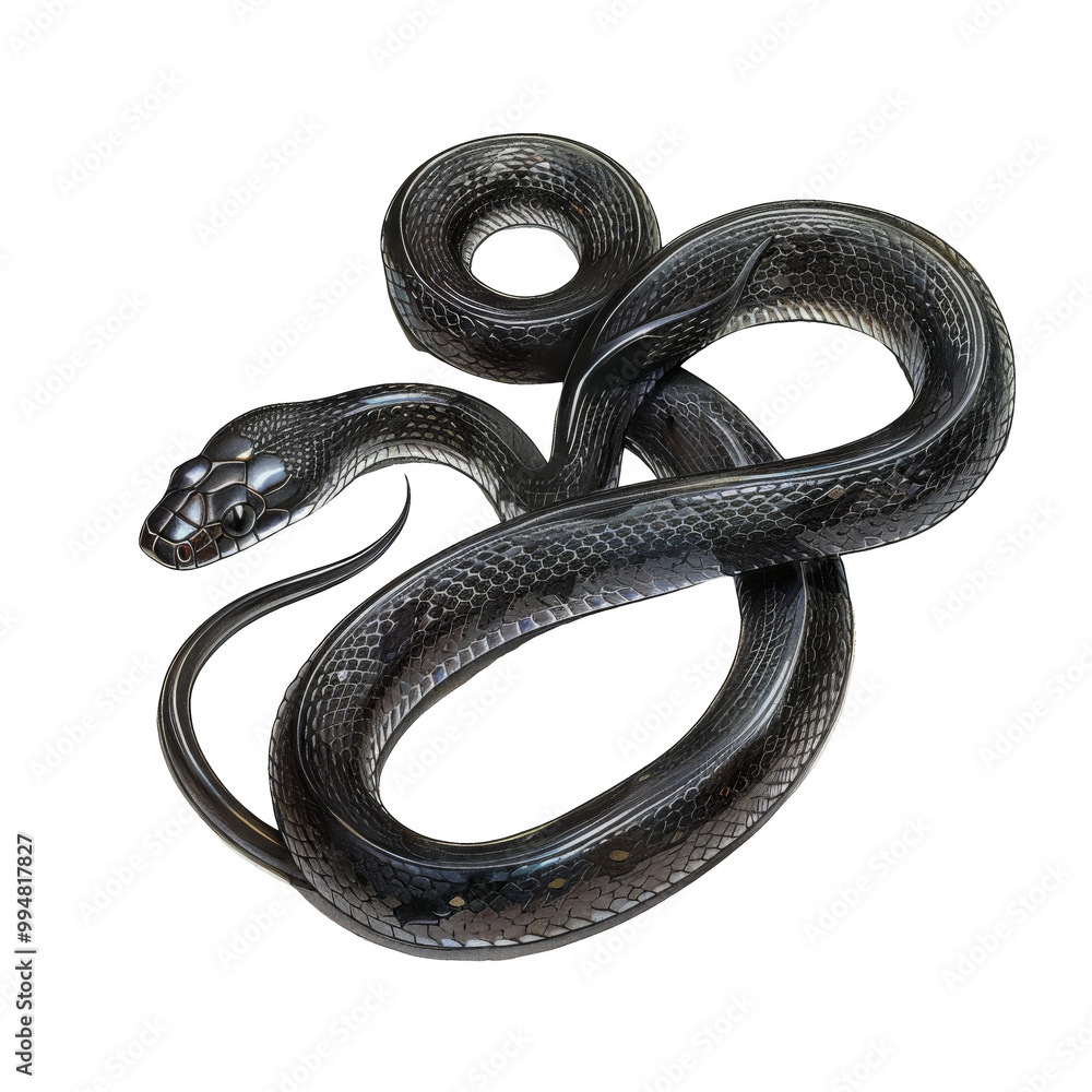 A black snake with a speckled pattern is coiled in a figure eight shape on a black background. A black snake with a speckled pattern is coiled in a figure eight shape on a black background.