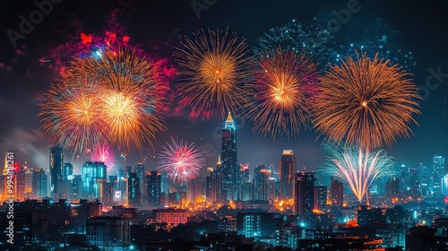 Fireworks exploding over a city skyline at midnight, New Year's Eve, celebratory night sky