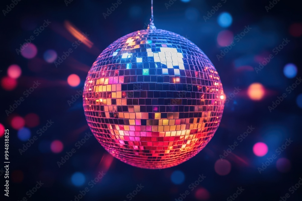 Obraz premium Glittering disco ball reflecting colorful lights in a dark room, New Year's Eve, party atmosphere