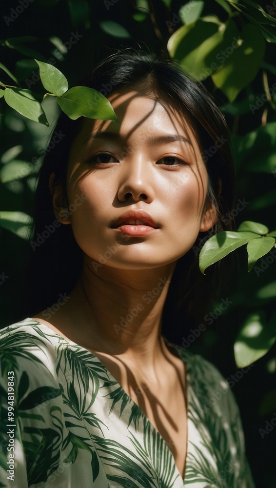 Young woman in sleeveless top framed by greenery with a subtle smile Young woman in sleeveless top framed by greenery with a subtle smile
