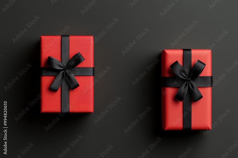 Red and black ribbon wrapped around Christmas gifts, 3D illustration Red and black ribbon wrapped around Christmas gifts, 3D illustration