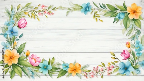 Wallpaper Mural spring themed border frame on rustic white wooden background, full image Torontodigital.ca