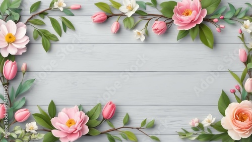 spring themed border frame on rustic pastel gray wooden background, full image