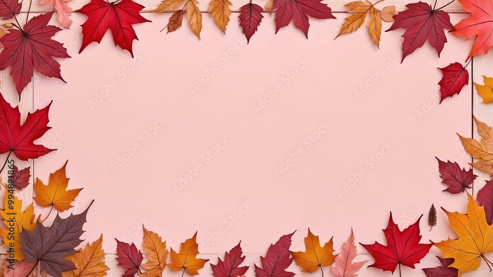 autumn themed border frame on rustic pastel pink wooden background, full image autumn themed border frame on rustic pastel pink wooden background, full image