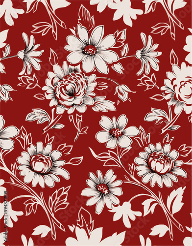 Pattern of white & red flowers on red background, evoking vintage textile designs with timeless elegance.