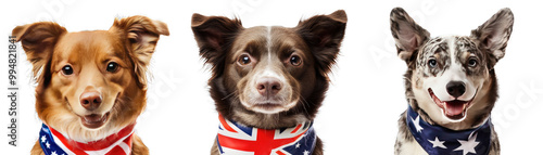 American Flag. Themed Pet Visuals. Featuring a Brown Dog With a Flag Bandana, an Australian Flag Dog, and a British Flag Dog.. Isolated on a Transparent Background. Cutout PNG. photo