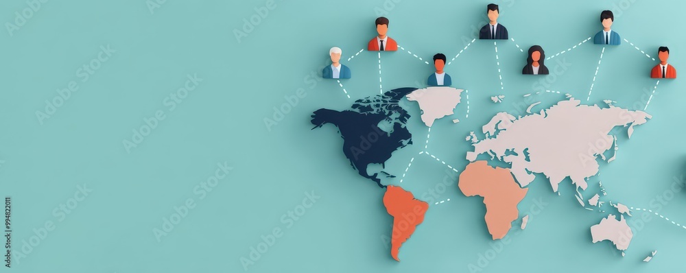 a world map with diverse figures connected by pathways, with emphasis on global collaboration, Global Business Team, Dynamic, Global Cooperation a world map with diverse figures connected by pathways, with emphasis on global collaboration, Global Business Team, Dynamic, Global Cooperation