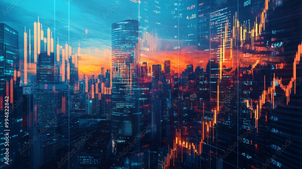 Fototapeta premium Financial Data Overlapping Cityscape with Skyscrapers at Sunset