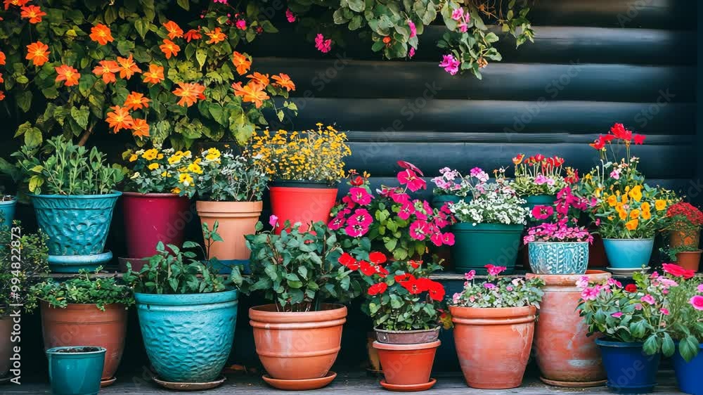 A row of colorful potted flowers are displayed in front of a wooden wall A row of colorful potted flowers are displayed in front of a wooden wall